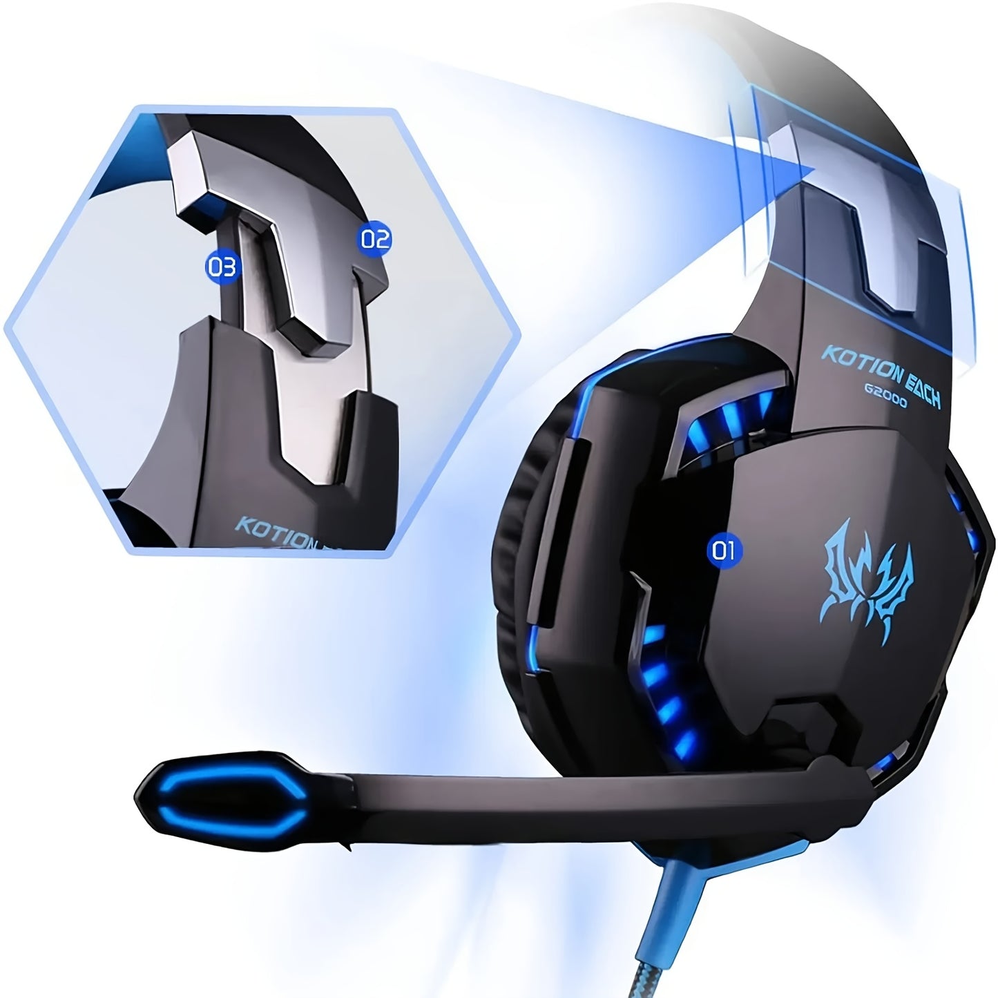 G2000 Gaming Headset, with Mic LED Light Over Ear Wired Headphones for PC Game, Video Games Ps 5, 3.5mm Audio Cable, Condenser Mic - USB