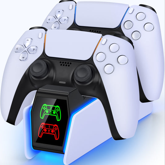 Dual PS5 Controller Charger Station with LED Light - Fast Charging, Space-Saving Dual Stand Dock for Playstation 5 Dualsense Controllers - BEBONCOOL, White, ABS Material, No Electronic Components