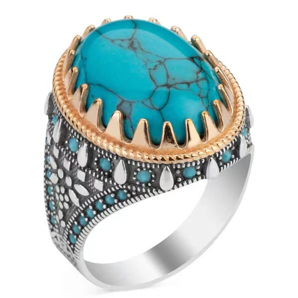 New Retro Men's Electroplated Two-color Inlaid Turquoise Ring