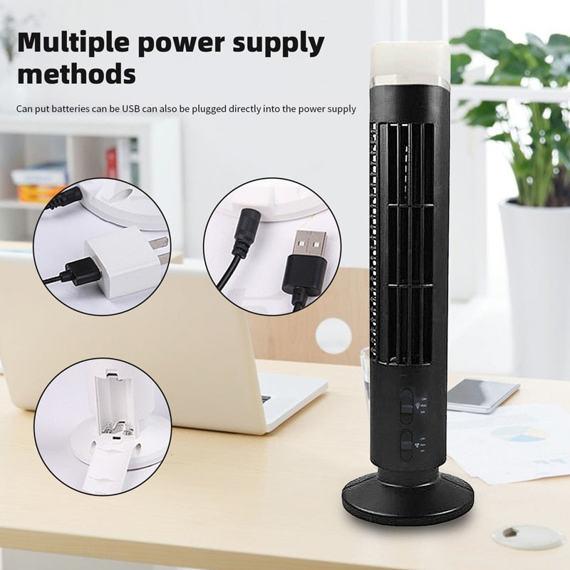 Home LED Bladeless Tower Cooling Fan Portable USB Charging 2 Wind Speed Modes Mini Standing Air Conditioner For Office Bedroom