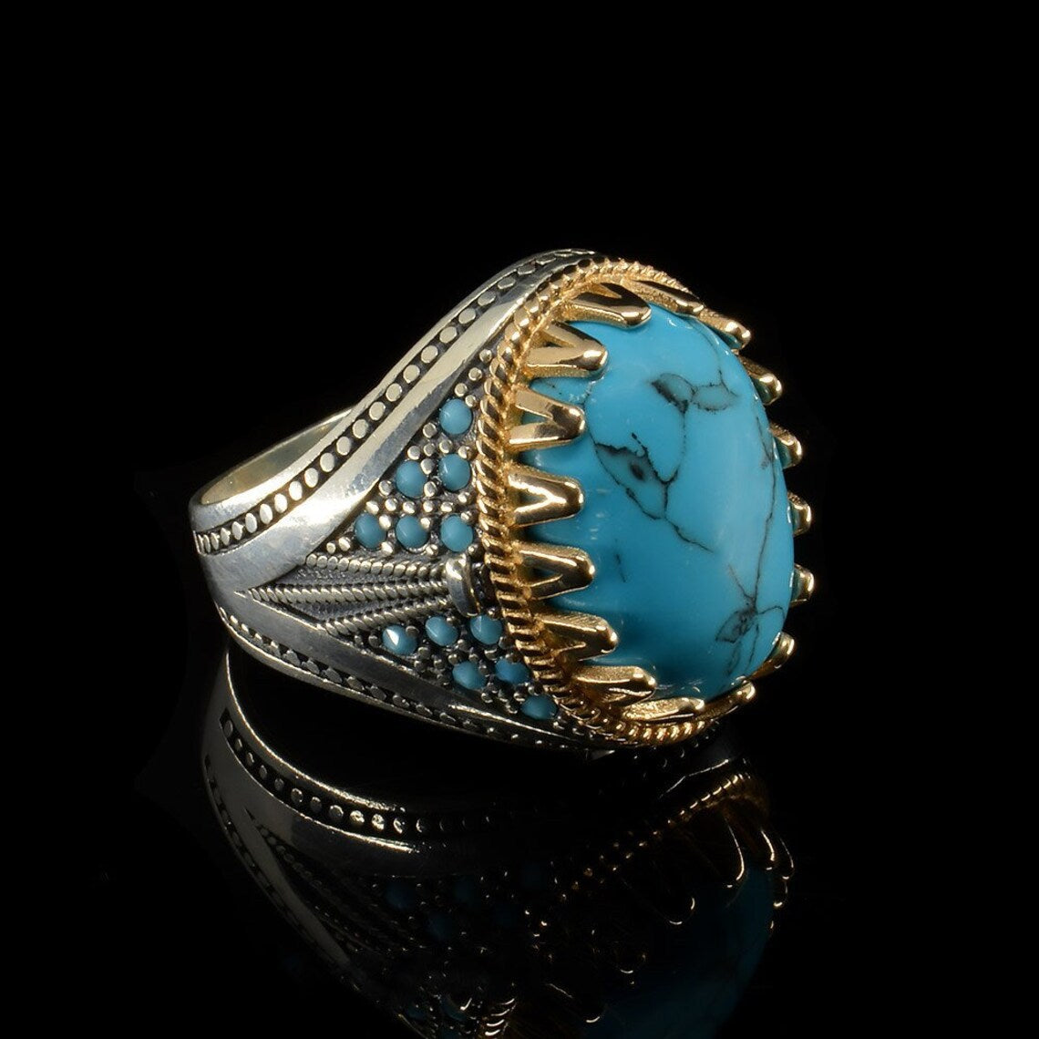 New Retro Men's Electroplated Two-color Inlaid Turquoise Ring