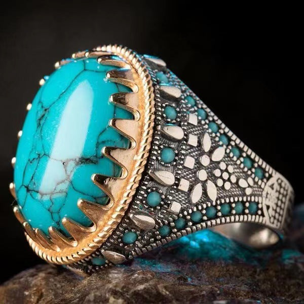 New Retro Men's Electroplated Two-color Inlaid Turquoise Ring