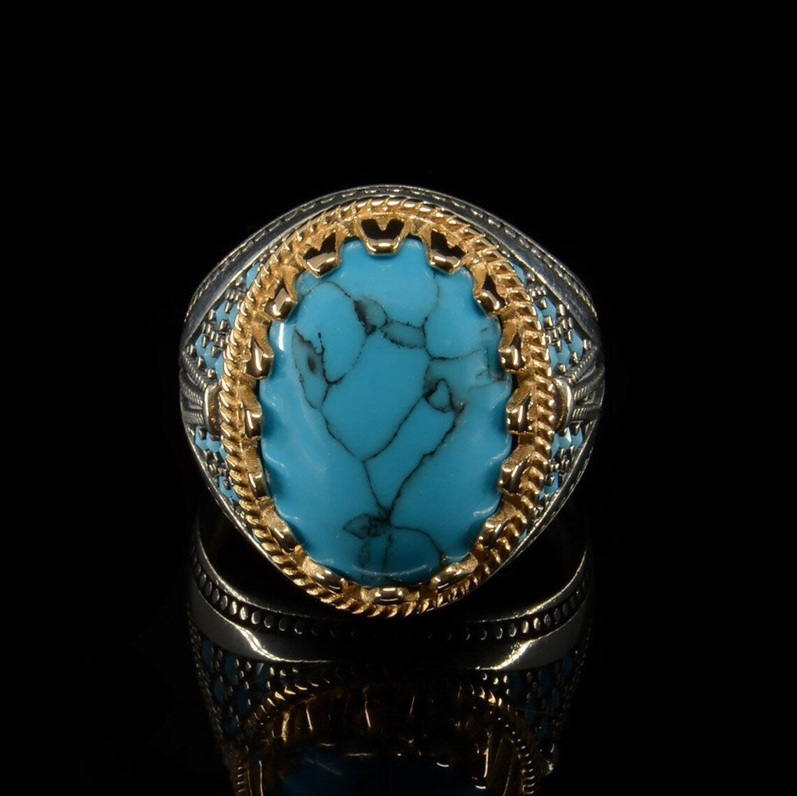 New Retro Men's Electroplated Two-color Inlaid Turquoise Ring