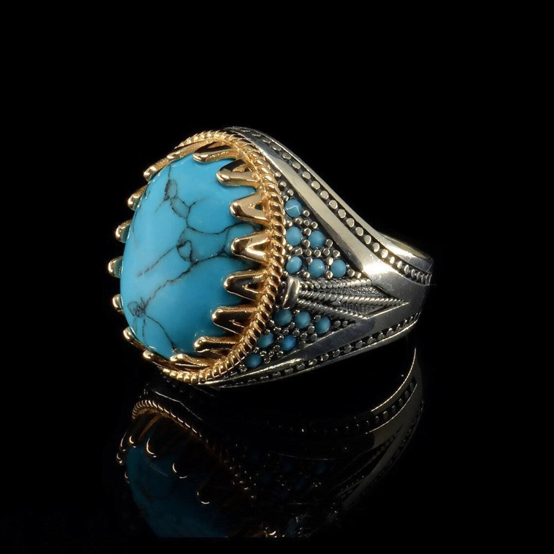 New Retro Men's Electroplated Two-color Inlaid Turquoise Ring