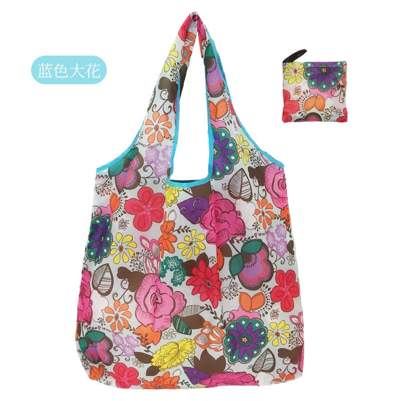  Fashion Printing Foldable Eco-Friendly Shopping Bag Tote Folding Pouch Handbags Convenient Large-capacity for Travel Grocery Bag