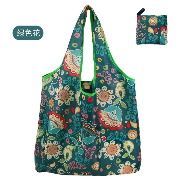  Fashion Printing Foldable Eco-Friendly Shopping Bag Tote Folding Pouch Handbags Convenient Large-capacity for Travel Grocery Bag